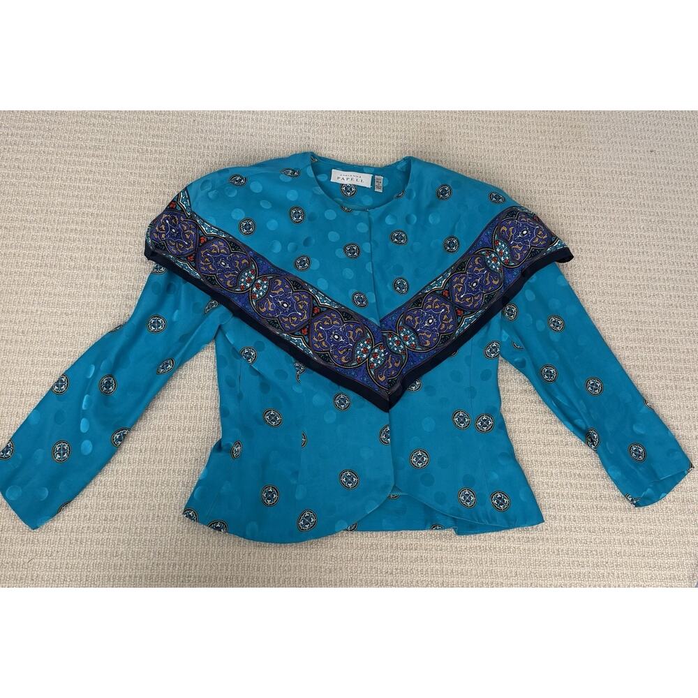 VTG Adrianna Papell Blouse Women Small Sz 6 Blue‎ Silk Dot Shirt Jacket 80s 90s